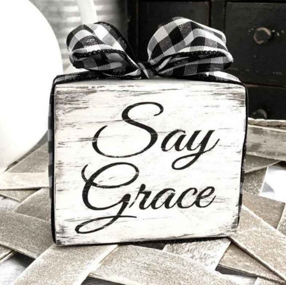 5"x5" Wooden Black and White Buffalo Plaid Say Grace Wooden Decorative Accent.